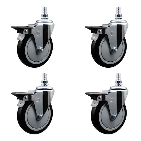 Service Caster 5 Inch Black Polyurethane 12 Inch Threaded Stem Caster Set with Brake SCC-TS20S514-PPUB-BLK-PLB-121315-4